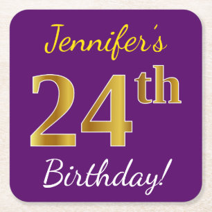 Purple, Faux Gold 24th Birthday + Custom Name Square Paper Coaster