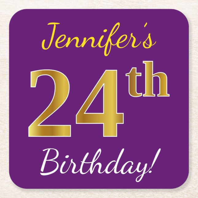Purple, Faux Gold 24th Birthday + Custom Name Square Paper Coaster (Front)