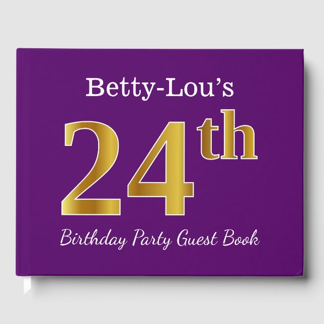 Purple, Faux Gold 24th Birthday Party; Custom Name Guest Book (Front)