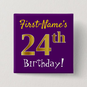 Purple, Faux Gold 24th Birthday, With Custom Name 15 Cm Square Badge