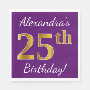 Purple, Faux Gold 25th Birthday + Custom Name Napkin