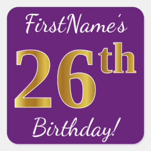 Purple, Faux Gold 26th Birthday + Custom Name Square Sticker
