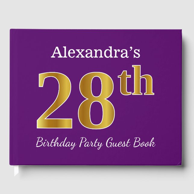 Purple, Faux Gold 28th Birthday Party; Custom Name Guest Book (Front)