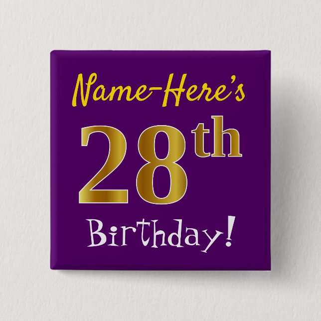 Purple, Faux Gold 28th Birthday, With Custom Name 15 Cm Square Badge (Front)
