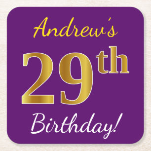 Purple, Faux Gold 29th Birthday + Custom Name Square Paper Coaster