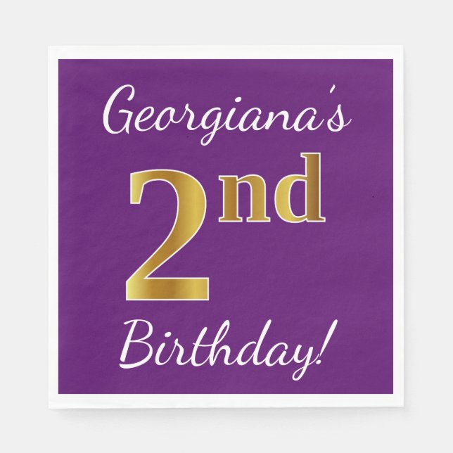 Purple, Faux Gold 2nd Birthday + Custom Name Napkin (Front)