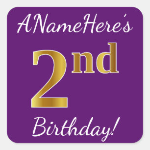 Purple, Faux Gold 2nd Birthday + Custom Name Square Sticker