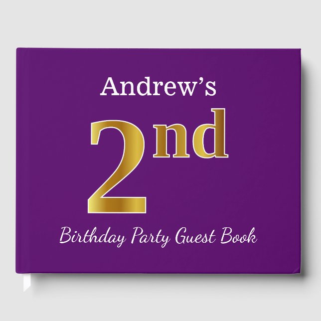 Purple, Faux Gold 2nd Birthday Party + Custom Name Guest Book (Front)
