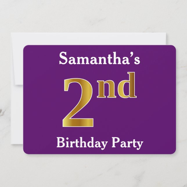 Purple, Faux Gold 2nd Birthday Party + Custom Name Invitation (Front)