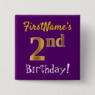 Purple, Faux Gold 2nd Birthday, With Custom Name 15 Cm Square Badge