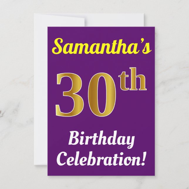 Purple, Faux Gold 30th Birthday Celebration + Name Invitation (Front)