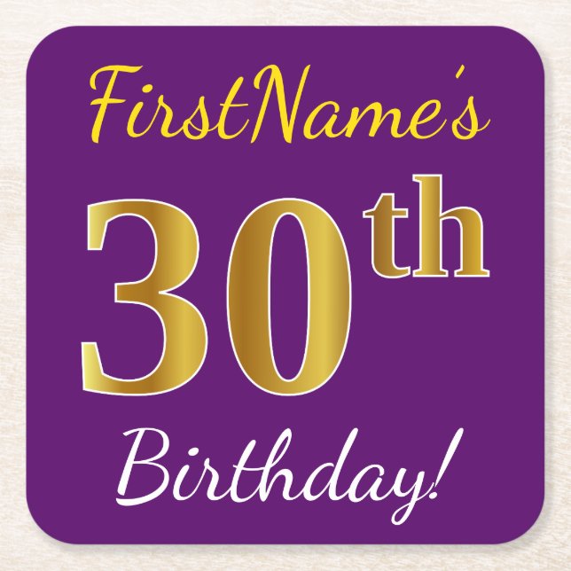 Purple, Faux Gold 30th Birthday + Custom Name Square Paper Coaster (Front)