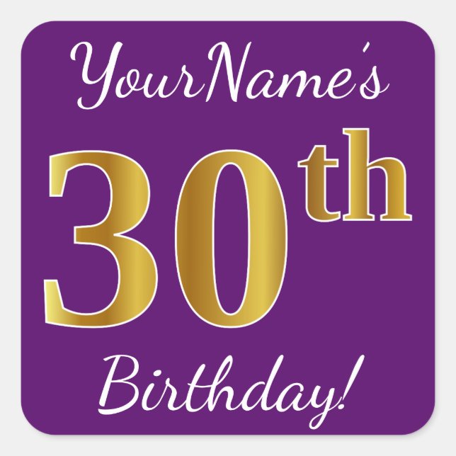 Purple, Faux Gold 30th Birthday + Custom Name Square Sticker (Front)