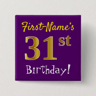 Purple, Faux Gold 31st Birthday, With Custom Name 15 Cm Square Badge