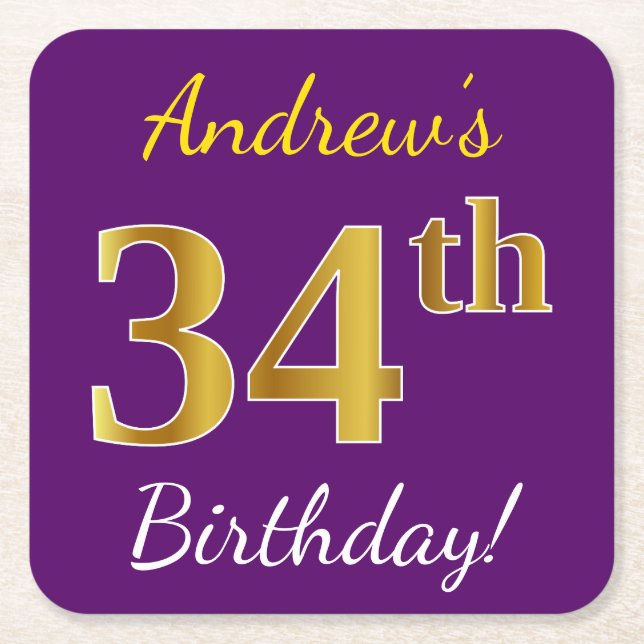 Purple, Faux Gold 34th Birthday + Custom Name Square Paper Coaster (Front)