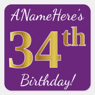 Purple, Faux Gold 34th Birthday + Custom Name Square Sticker