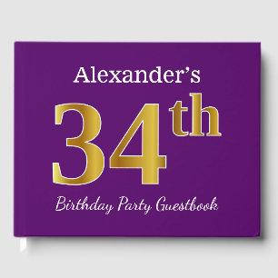 Purple, Faux Gold 34th Birthday Party; Custom Name Guest Book