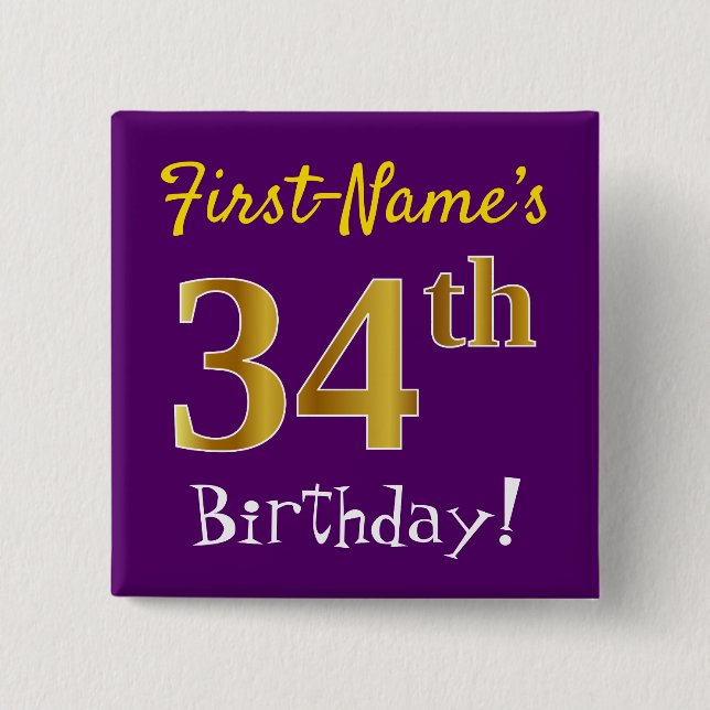Purple, Faux Gold 34th Birthday, With Custom Name 15 Cm Square Badge (Front)