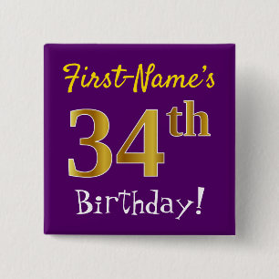 Purple, Faux Gold 34th Birthday, With Custom Name 15 Cm Square Badge