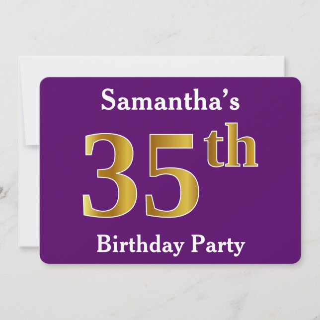 Purple, Faux Gold 35th Birthday Party; Custom Name Invitation (Front)