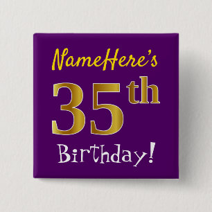 Purple, Faux Gold 35th Birthday, With Custom Name 15 Cm Square Badge