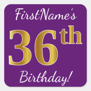 Purple, Faux Gold 36th Birthday + Custom Name Square Sticker