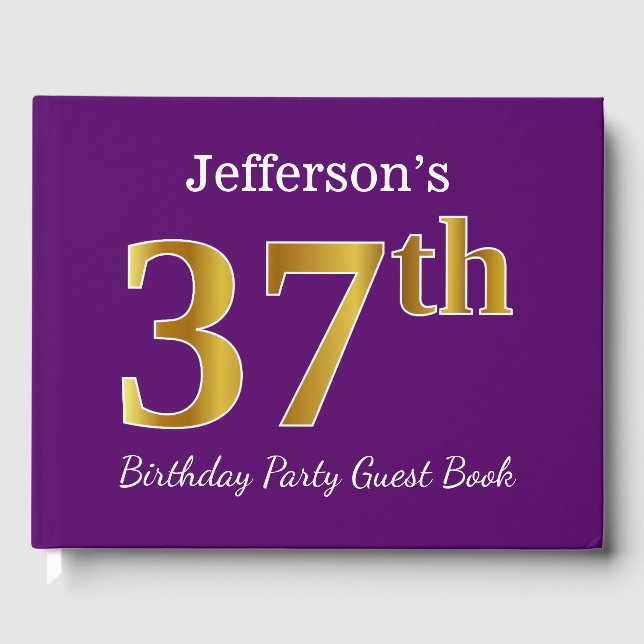 Purple, Faux Gold 37th Birthday Party; Custom Name Guest Book (Front)