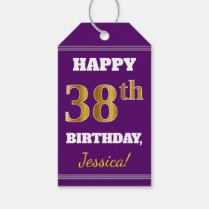 Purple, Faux Gold 38th Birthday + Custom Name Gift Tags