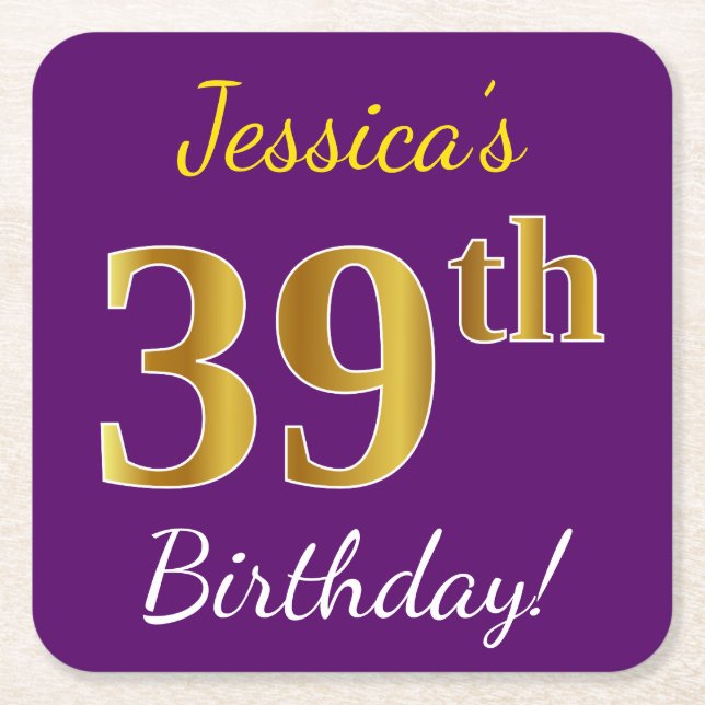Purple, Faux Gold 39th Birthday + Custom Name Square Paper Coaster (Front)
