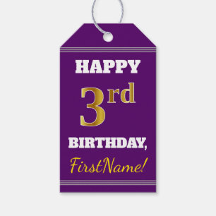 Purple, Faux Gold 3rd Birthday + Custom Name Gift Tags
