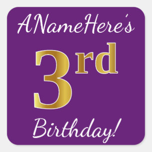 Purple, Faux Gold 3rd Birthday + Custom Name Square Sticker