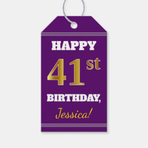 Purple, Faux Gold 41st Birthday + Custom Name Gift Tags