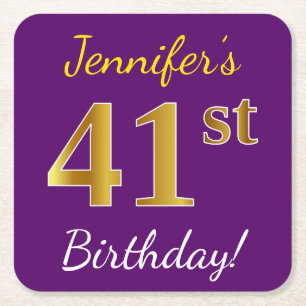Purple, Faux Gold 41st Birthday + Custom Name Square Paper Coaster