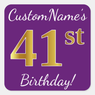 Purple, Faux Gold 41st Birthday + Custom Name Square Sticker
