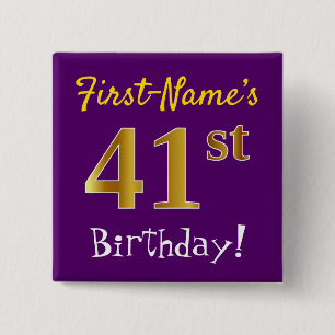 Purple, Faux Gold 41st Birthday, With Custom Name 15 Cm Square Badge
