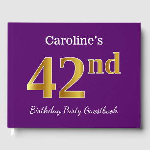 Purple, Faux Gold 42nd Birthday Party; Custom Name Guest Book