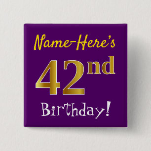 Purple, Faux Gold 42nd Birthday, With Custom Name 15 Cm Square Badge