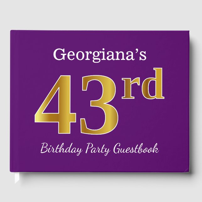 Purple, Faux Gold 43rd Birthday Party; Custom Name Guest Book (Front)
