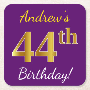 Purple, Faux Gold 44th Birthday + Custom Name Square Paper Coaster