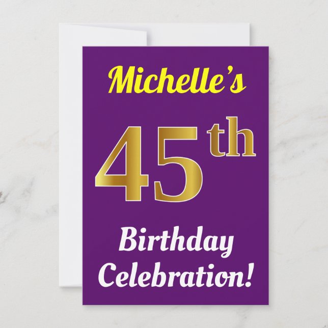 Purple, Faux Gold 45th Birthday Celebration + Name Invitation (Front)