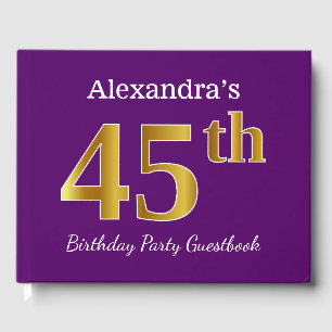 Purple, Faux Gold 45th Birthday Party; Custom Name Guest Book