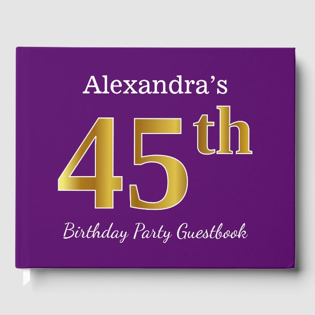 Purple, Faux Gold 45th Birthday Party; Custom Name Guest Book (Front)