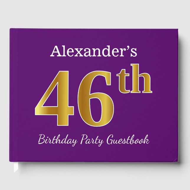 Purple, Faux Gold 46th Birthday Party; Custom Name Guest Book (Front)