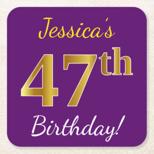 Purple, Faux Gold 47th Birthday + Custom Name Square Paper Coaster