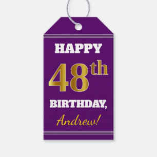 Purple, Faux Gold 48th Birthday + Custom Name Gift Tags