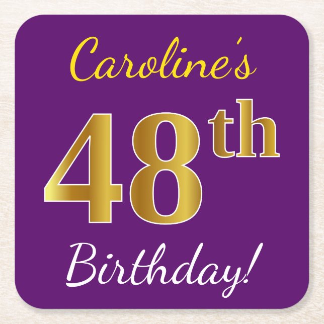 Purple, Faux Gold 48th Birthday + Custom Name Square Paper Coaster (Front)