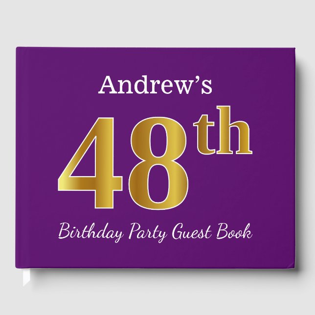 Purple, Faux Gold 48th Birthday Party; Custom Name Guest Book (Front)