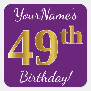 Purple, Faux Gold 49th Birthday + Custom Name Square Sticker