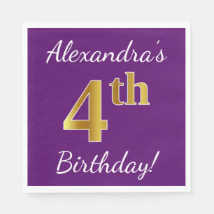 Purple, Faux Gold 4th Birthday + Custom Name Napkin