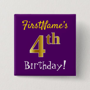 Purple, Faux Gold 4th Birthday, With Custom Name 15 Cm Square Badge